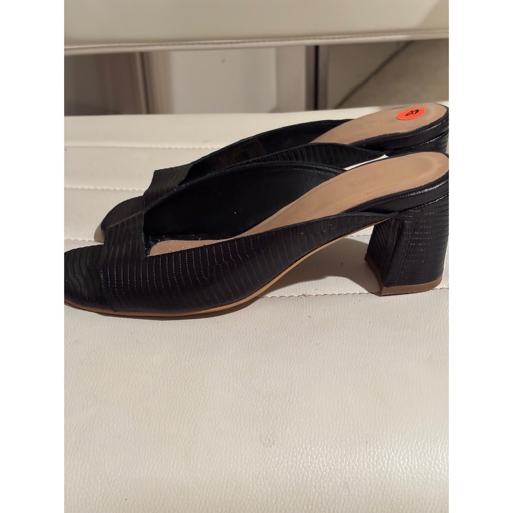 KAANAS Black Lizard Embossed Leather Block Heel Mules Square Toe Sandals Size 8